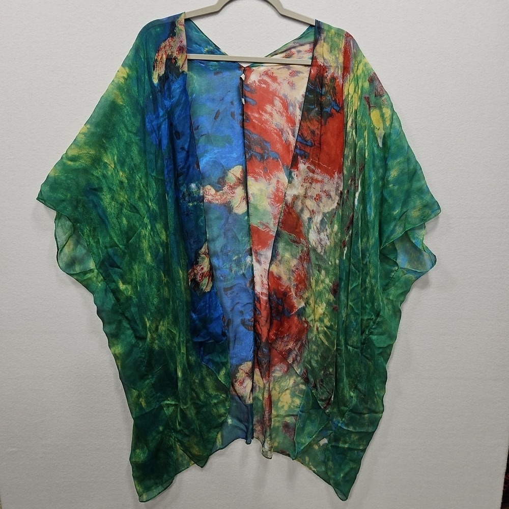 Soft Surroundings Silk Shawl Small Medium Blue Green Sheer Cascading Artsy 29262